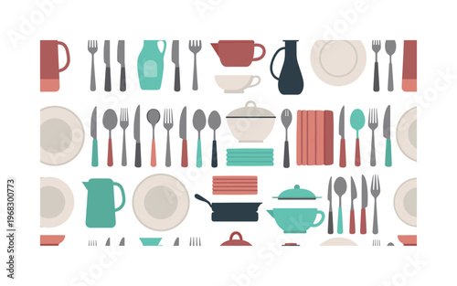 knife and fork seamless pattern, repeating pattern, surface design, textile print, modern illustration of forks, knives, spoons, serving utensils, plates and