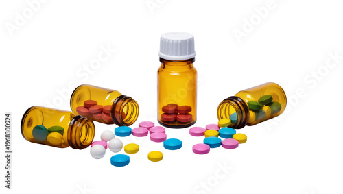 Bilde på lerret Amber glass medicine bottles spilling colorful pills pink blue yellow and white,