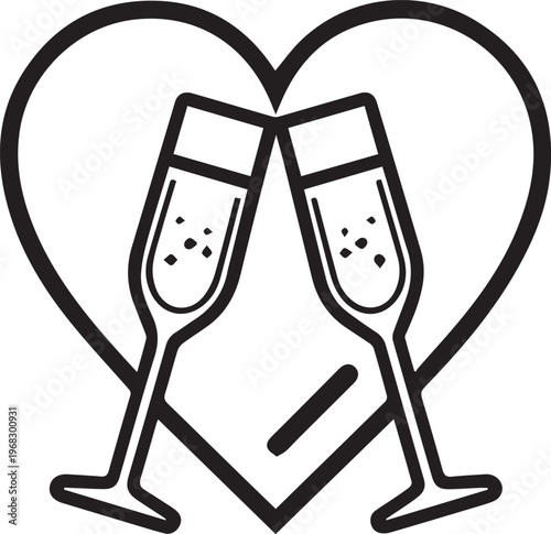 A heartwarming illustration depicts two champagne flutes clinking in a celebratory toast, embraced by a symbolic heart.
