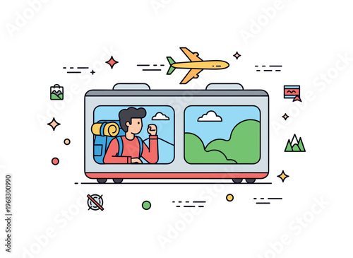 Travel train journey concept where a traveler looks out the window at landscapes while small sparkle and line icons emphasize movement, exploration, and scenic