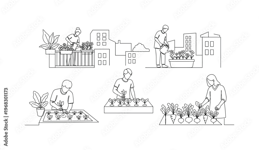 Obraz premium Urban Cultivation. Minimalistic one-line drawing community members planting and caring for vegetables and flowers in city, continuous single black line on