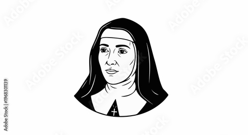 Black and white illustration of a nun in profile, her gaze directed left
