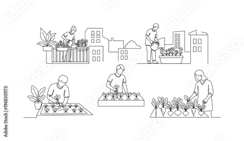 Urban Cultivation. Minimalistic one-line drawing community members planting and caring for vegetables and flowers in city, continuous single black line on