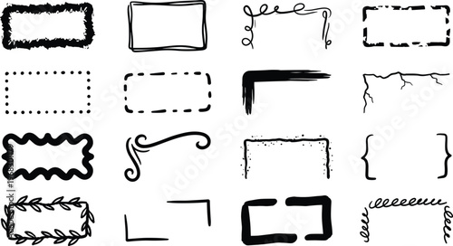 Rough frame border and hand drawn outline set with grunge rectangles, sketch boxes and decorative edges in black for labels, posters, notes, social media layouts and creative design templates