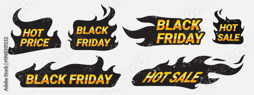 Hot sale fire badges with burning flame, grunge realistic vector icons isolated on background. Special black friday tags with fire for promotion events. Bright sticker design, discount offers
