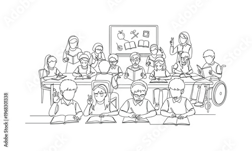 Diverse Education. Minimalistic one-line drawing children reading and writing in inclusive classroom, continuous single black line on white background, simple