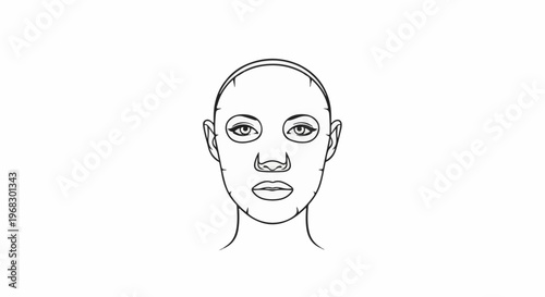 Black and white line drawing of a face wearing a sheet mask