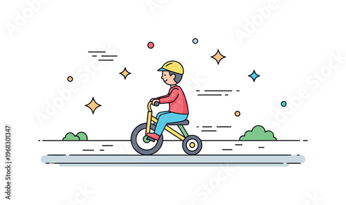 Tricycle ride sunny park scene where a child pedals a colorful tricycle along a paved path while small sparkle and star icons emphasize fun, motion, and