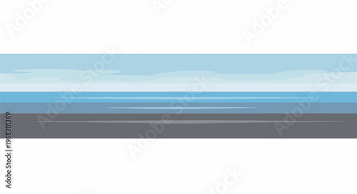 Calm ocean horizon with hazy clouds and a foreground of gray asphalt