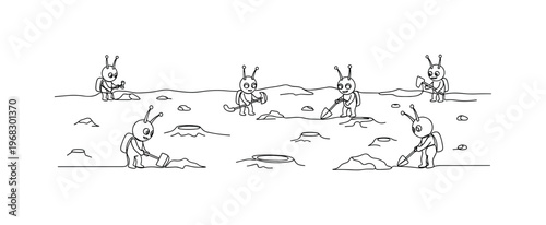 Alien Lifeforms. Minimalistic one-line drawing tiny Martians interacting on surface, continuous single black line on white background, simple outline style, no
