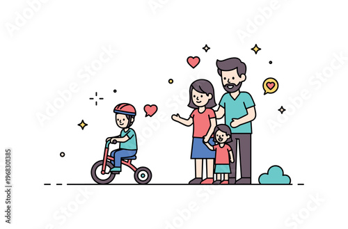 Tricycle ride family outing concept where a child rides a tricycle while parents watch nearby with tiny sparkle and heart icons highlighting support, safety,