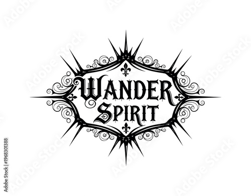 Wander Spirit. lettering and all elements in black. Vector style. AWhite background. Pure white background. Perfect isolation and visual consistency.
