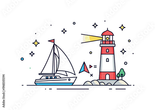 Sailing boat lighthouse approach scene where the boat sails near a lighthouse while small sparkle and star icons emphasize guidance, navigation, and scenic