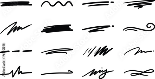 Hand drawn scribble underline and sketch stroke set with marker lines, swishes and accent marks in black for text highlighting, branding, note templates, posters and creative social media layouts