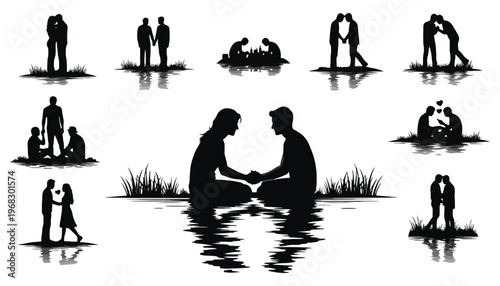 Couple silhouette vector illustrations in various romantic poses on water