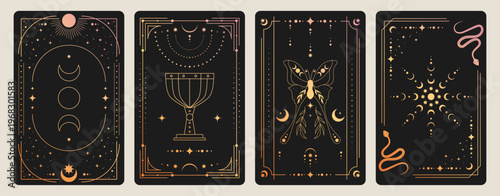Mystical tarot card back with celestial sun, moon and stars in ornate golden frame, vector illustrations. Esoteric borders with magic symbols, spiritual snake, butterfly patterns for horoscope design
