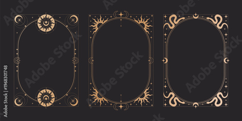 Magic black tarot cards set, celestial moon and sun icons. Vector realistic illustration of mystic vintage cards with golden line border, snake and star ornaments, esoteric symbols, astrology signs
