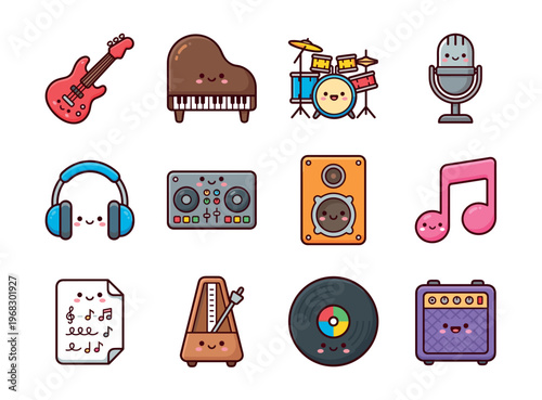 Collection of cute kawaii musical instruments and audio equipment with faces