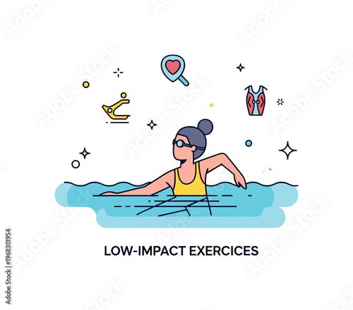 Low-impact exercises water aerobics concept where a person moves in a pool with slow, controlled movements while tiny sparkle and star icons