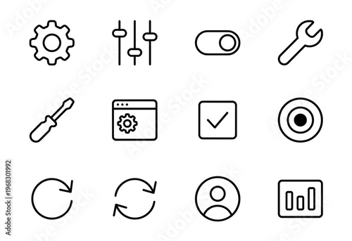 Collection of modern line icons representing settings, tools, and user interface elements