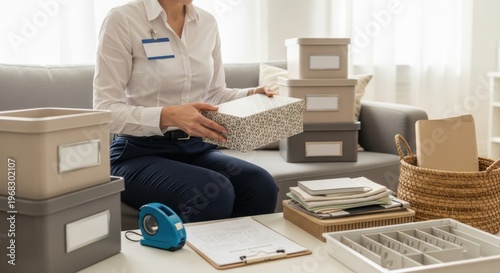 Professional woman organizing documents and storage boxes in bright home office or moving setup