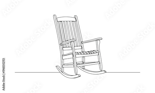 Vintage Chair. Minimalistic one-line drawing wooden rocking chair with detailed back and curved rockers, continuous single black line on white background,