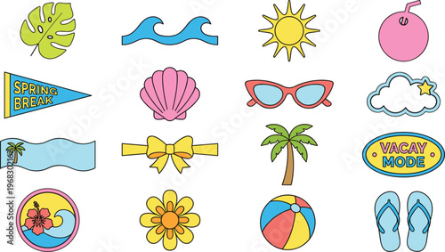 Spring break design elements set with monstera leaf, waves, sun, shell, sunglasses, flip flops and beach icons in pastel colors for vacation posters, party invites, travel branding and social media