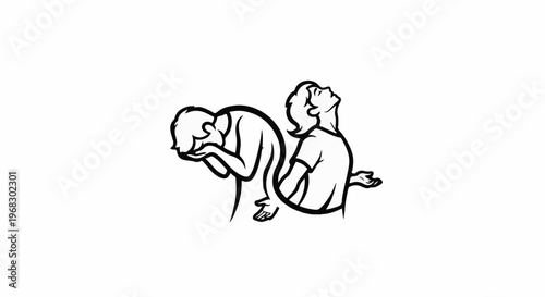 Figures expressing despair and hopeful plea, with one head bowed