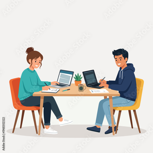 Young man and woman working together on laptops and taking notes at a table in flat vector style
