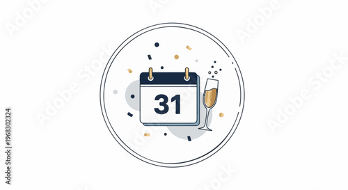 Festive calendar icon with champagne toast and confetti