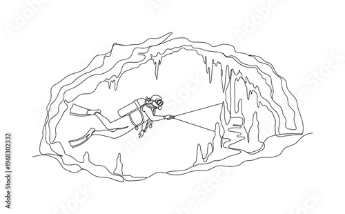 Underwater Cave Study. Minimalistic one-line drawing scuba diver exploring cave formations, continuous single black line on white background, simple outline
