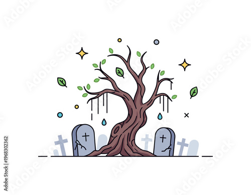 Foggy graveyard weeping tree concept where a gnarled tree stands among foggy tombstones while small sparkle and leaf icons emphasize melancholy, atmosphere,