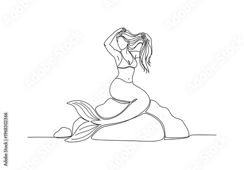 Ocean Beauty. Minimalistic one-line drawing mermaid combing long hair on seaside rock, continuous single black line on white background, simple outline style,