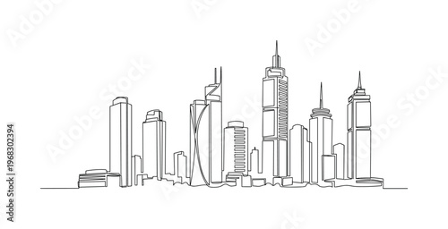 Metropolitan Silhouette. Minimalistic one-line drawing outlines of urban towers against skyline, continuous single black line on white background, simple