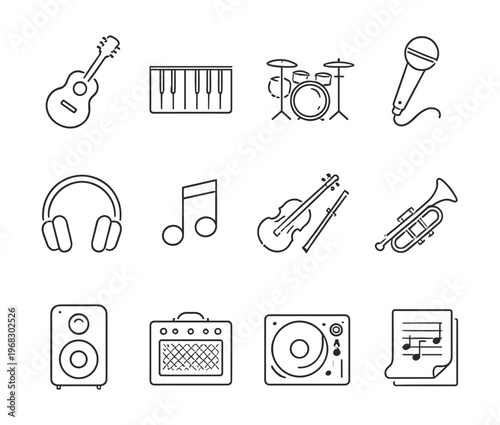 Collection of musical instrument icons and audio equipment symbols