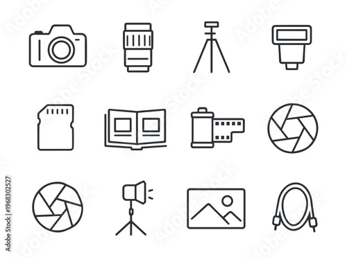Collection of photography equipment icons for digital and analog cameras