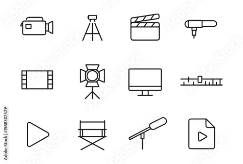 Collection of film and video production icons in a clean, modern line art style