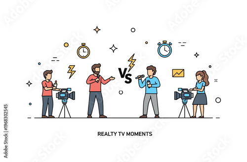 Reality TV moments competitive challenge concept where participants perform in front of cameras while tiny sparkle and timer icons highlight energy, rivalry,