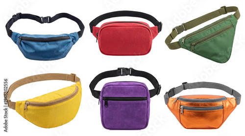 Colorful fanny packs waist bags isolated on white background product photography fashion accessory set