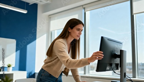 Young woman adjusting computer monitor in a modern office. Professional female employee setting up workstation for ergonomics. Workplace productivity and technology concept