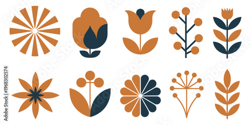 Modern abstract floral shapes with geometric daisy, tulip, and berry sprig in mustard yellow, navy blue, and rust orange, hand drawn