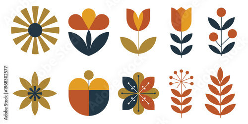 Modern abstract floral shapes with geometric daisy, tulip, and berry sprig in mustard yellow, navy blue, and rust orange