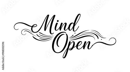 Mind Open. lettering and all elements in black. Vector style. AWhite background. Pure white background. Perfect isolation and visual consistency. Elegant