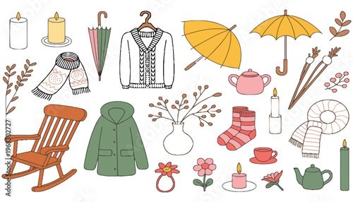 Autumn clothing and accessories vector illustration with cozy home items
