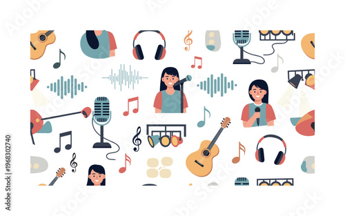 singing and self-expression through music seamless pattern, repeating pattern, surface design, textile print, modern illustration of microphones, singers,