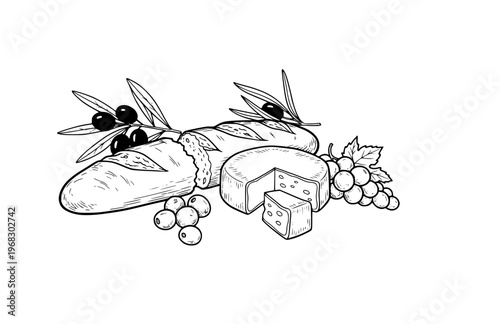 Local Flavor French Bread and Cheese Silhouette, Hand Rendered Gastronomy Vector Sticker, Organic Imperfect Heritage Food Illustration