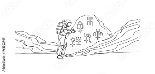 Cosmic Archaeology. Minimalistic one-line drawing human studying alien symbols on rocky planet, continuous single black line on white background, simple