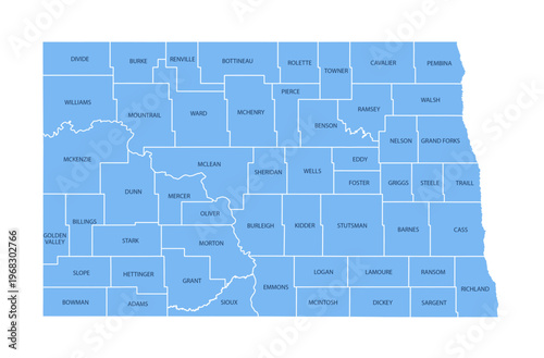 Foto North Dakota County Map, Detailed Vector Illustration of USA Administrative Boun