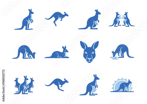Collection of blue kangaroo icons in various poses and styles