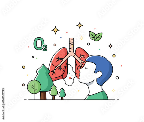 Lungs breathing air fresh forest air concept where a person inhales deeply surrounded by nature while tiny sparkle and leaf icons highlight oxygen, vitality,